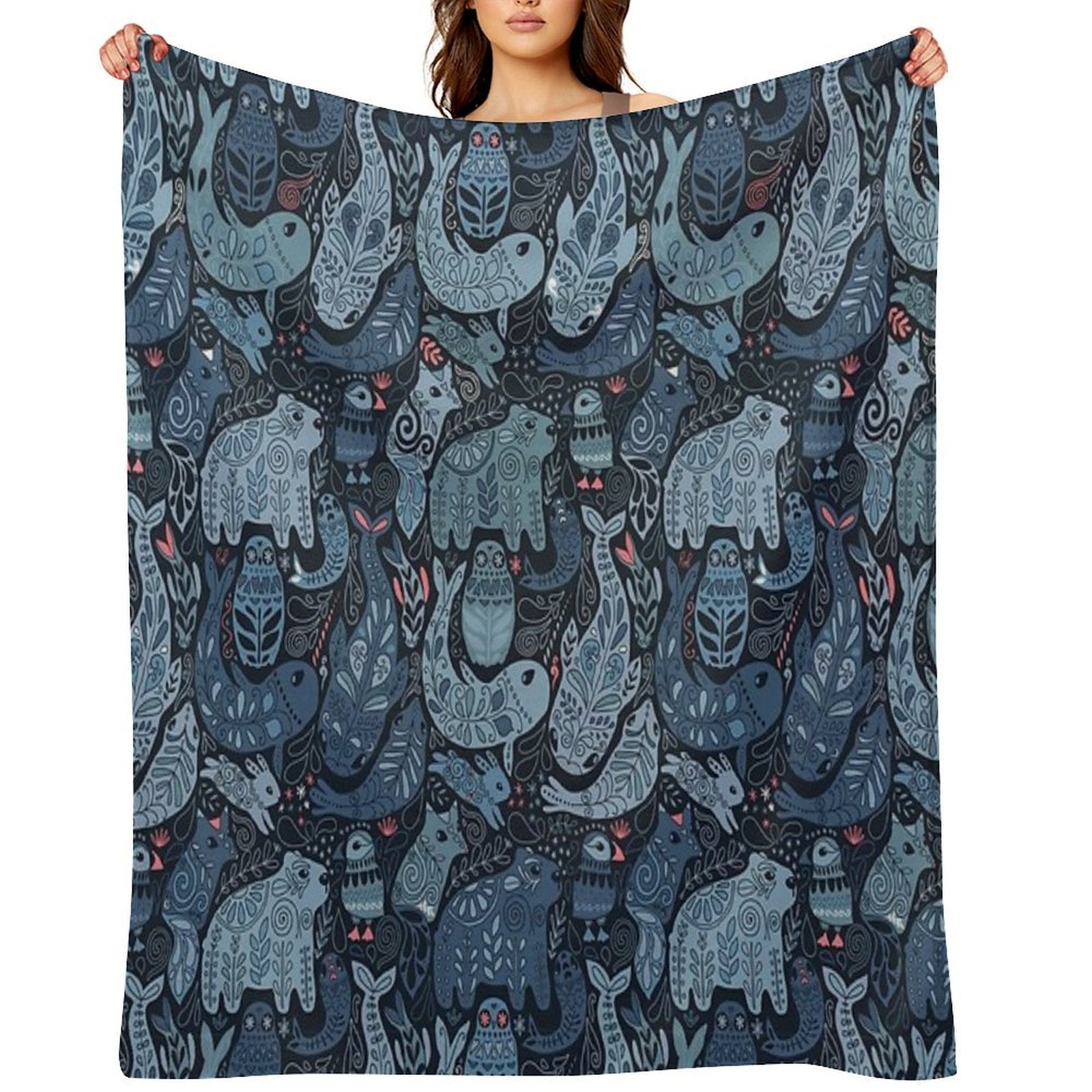 Arctic Animals. Narwhal, Polar Bear, Whale, Puffin, Owl, Fox, Bunny, Seal. Gift-ready Throw Blanket
