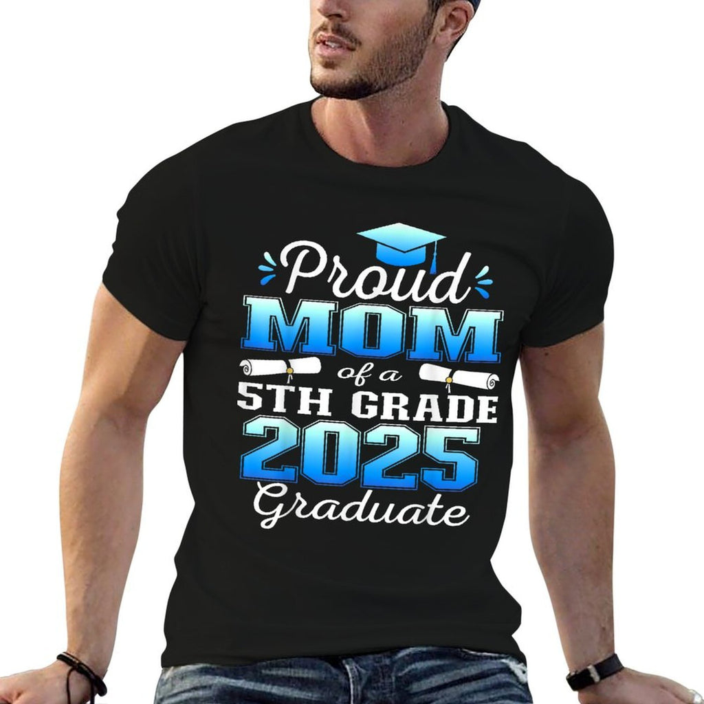 Proud Mom of 5th Grade Graduate 2025 Elementary Graduation  Ribbed Collar T-Shirt