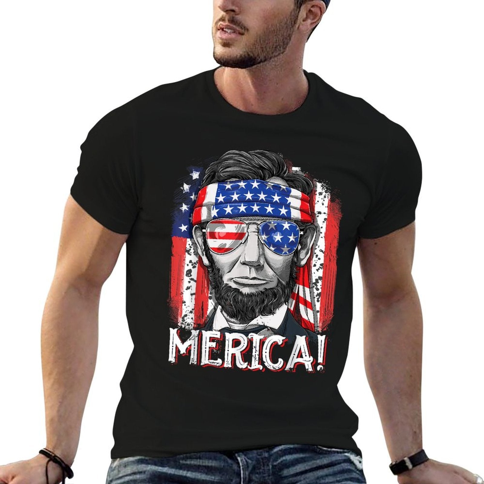 Lincoln 4th Of July Merica Abe Boys Men Women American Flag  Rolled Sleeves T-Shirt