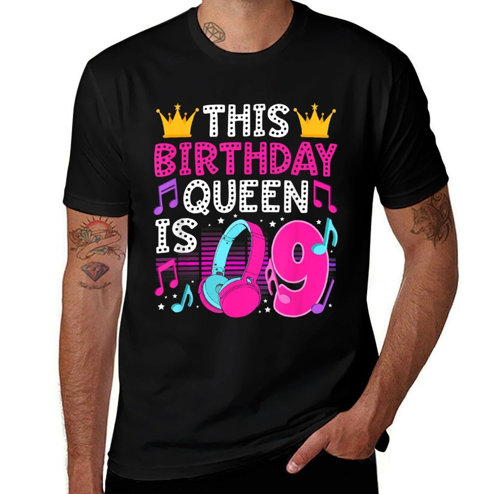 9th Music Birthday Party Nine Year Old Musical Birthday  Ribbed Collar T-Shirt