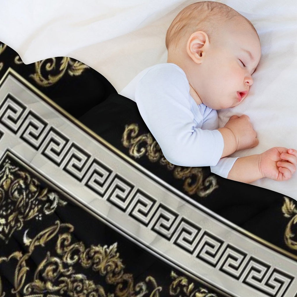Ornate Baroque Filigree Black Cream Greek Key Meander Quick-dry Throw Blanket