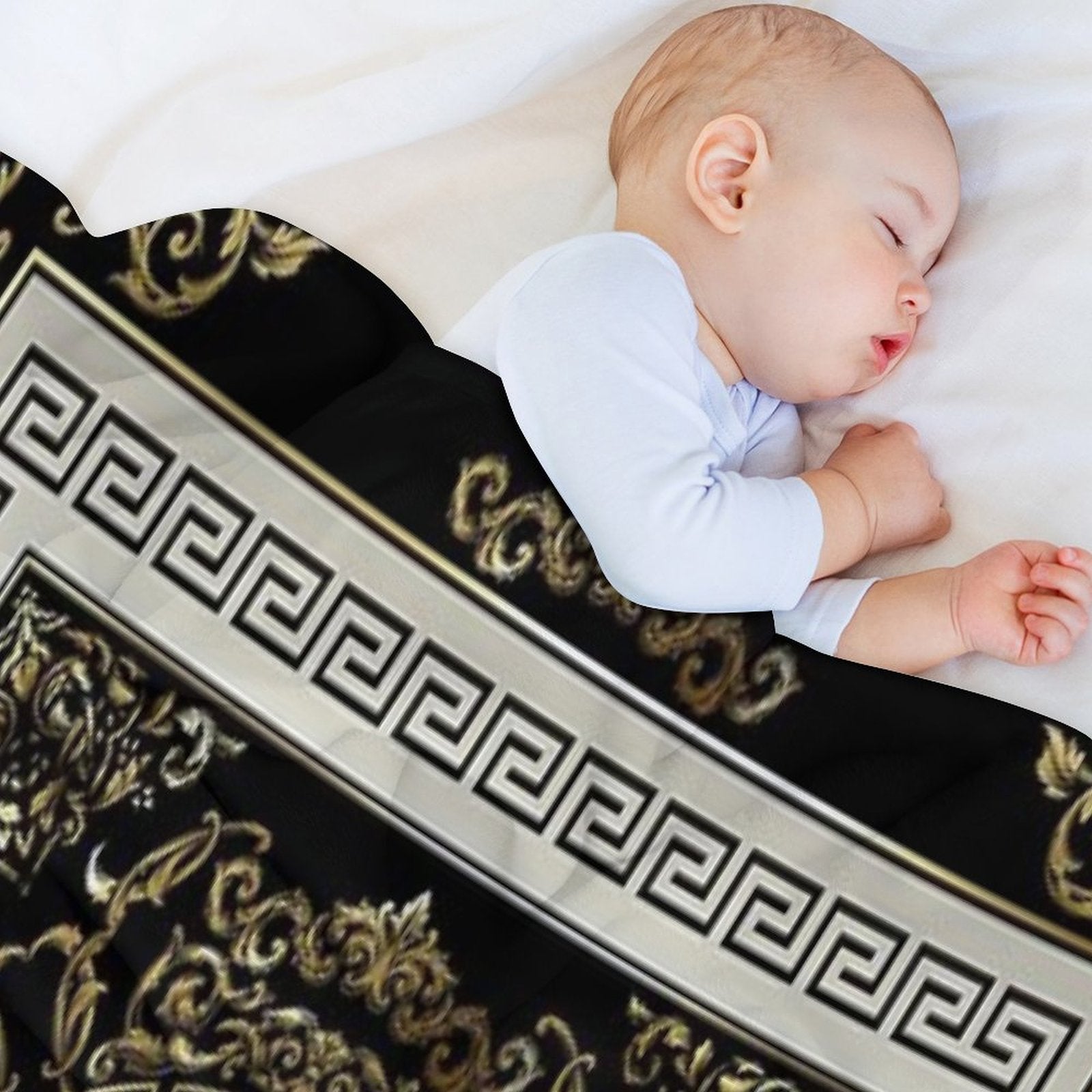 Ornate Baroque Filigree Black Cream Greek Key Meander Quick-dry Throw Blanket