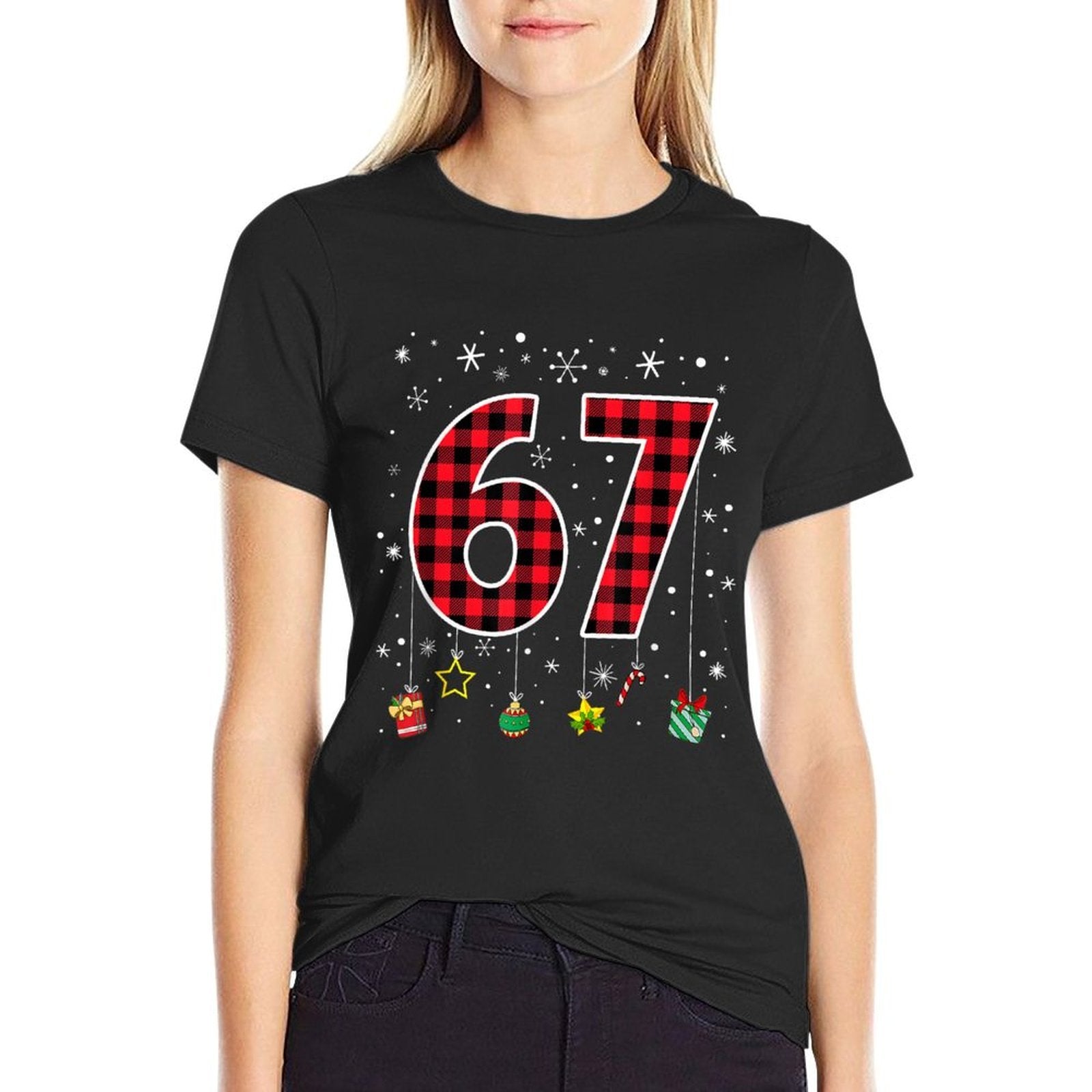 Funny Six Seven 6 7 Meme 67 Christmas Red Plaid Xmas Pajamas  Wrinkle-resistant T-Shirt