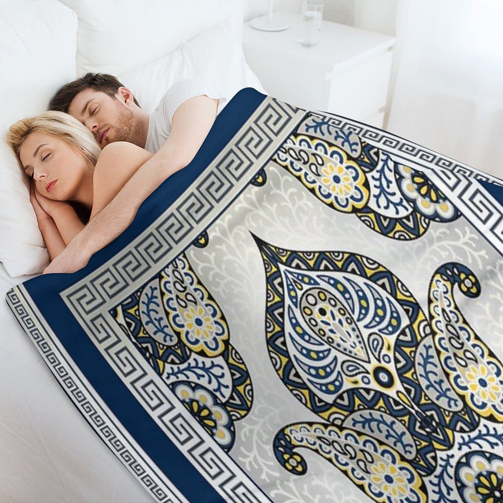 Greek Keys Blue Cream Yellow Intricate Design Plush Throw Blanket