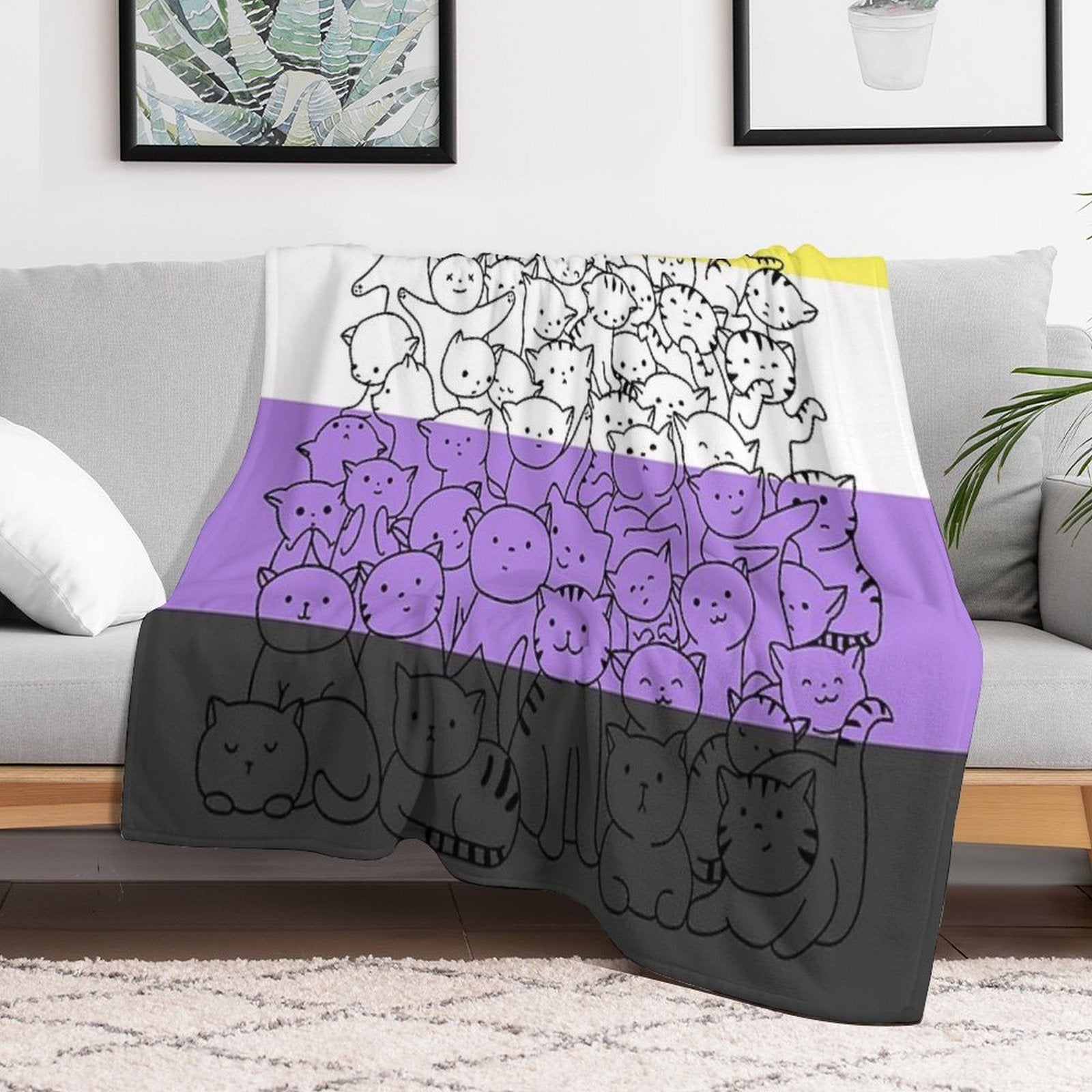 Nonbinary Enby Cat Pride Flag Plush Throw Blanket
