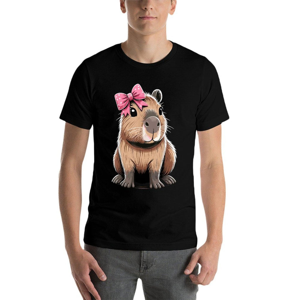 Cute Gifts for Capybaras Lover Capybara with Pink Ribbon Bow Unisex-Child  Ribbed Collar T-Shirt