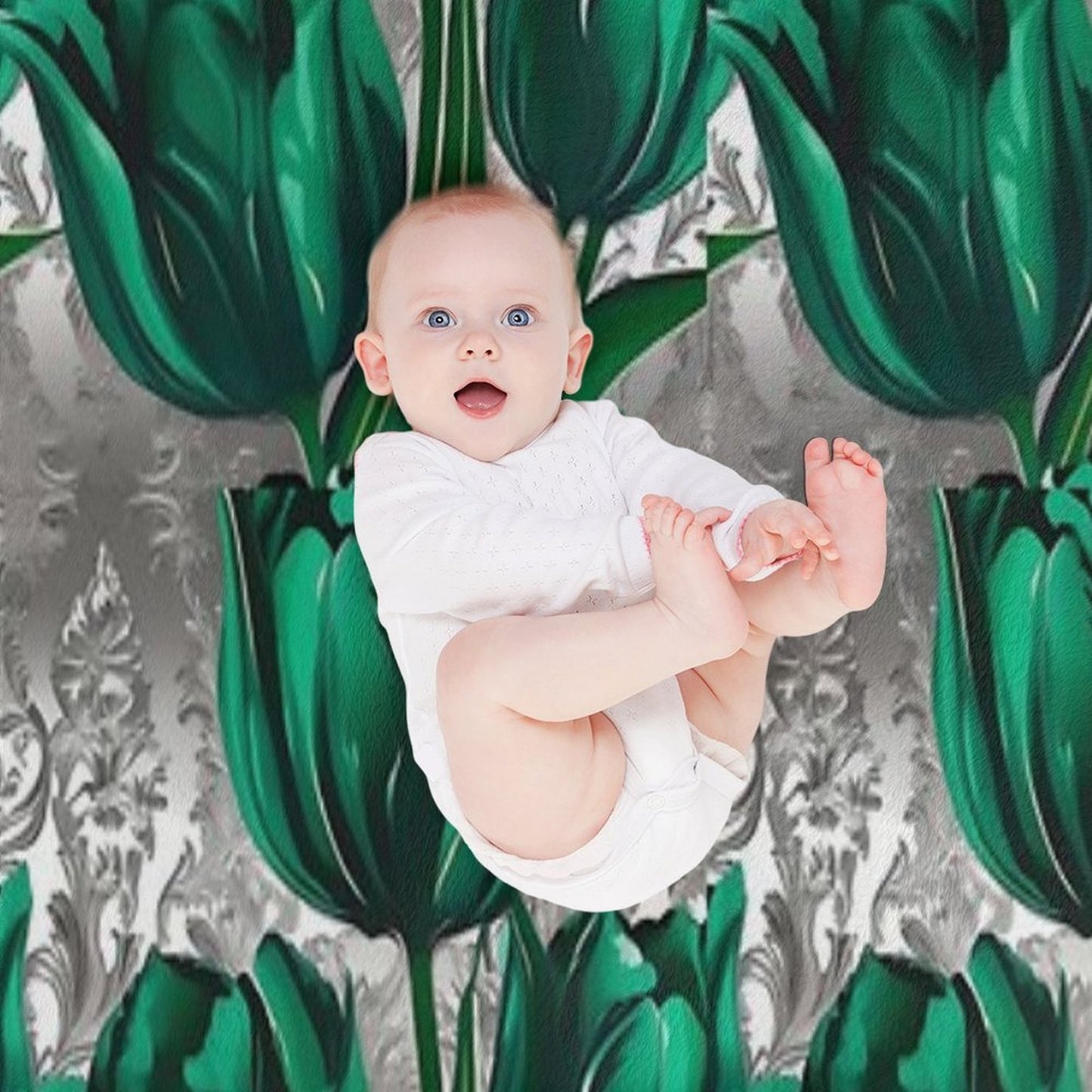 Emerald Green Tulips with Silver Baroque Machine-washable Throw Blanket