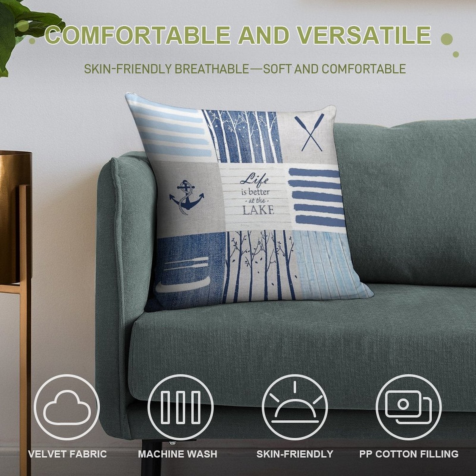 Life Is Better at The Lake Patchwork Soft Fade-Resistant Throw Pillow