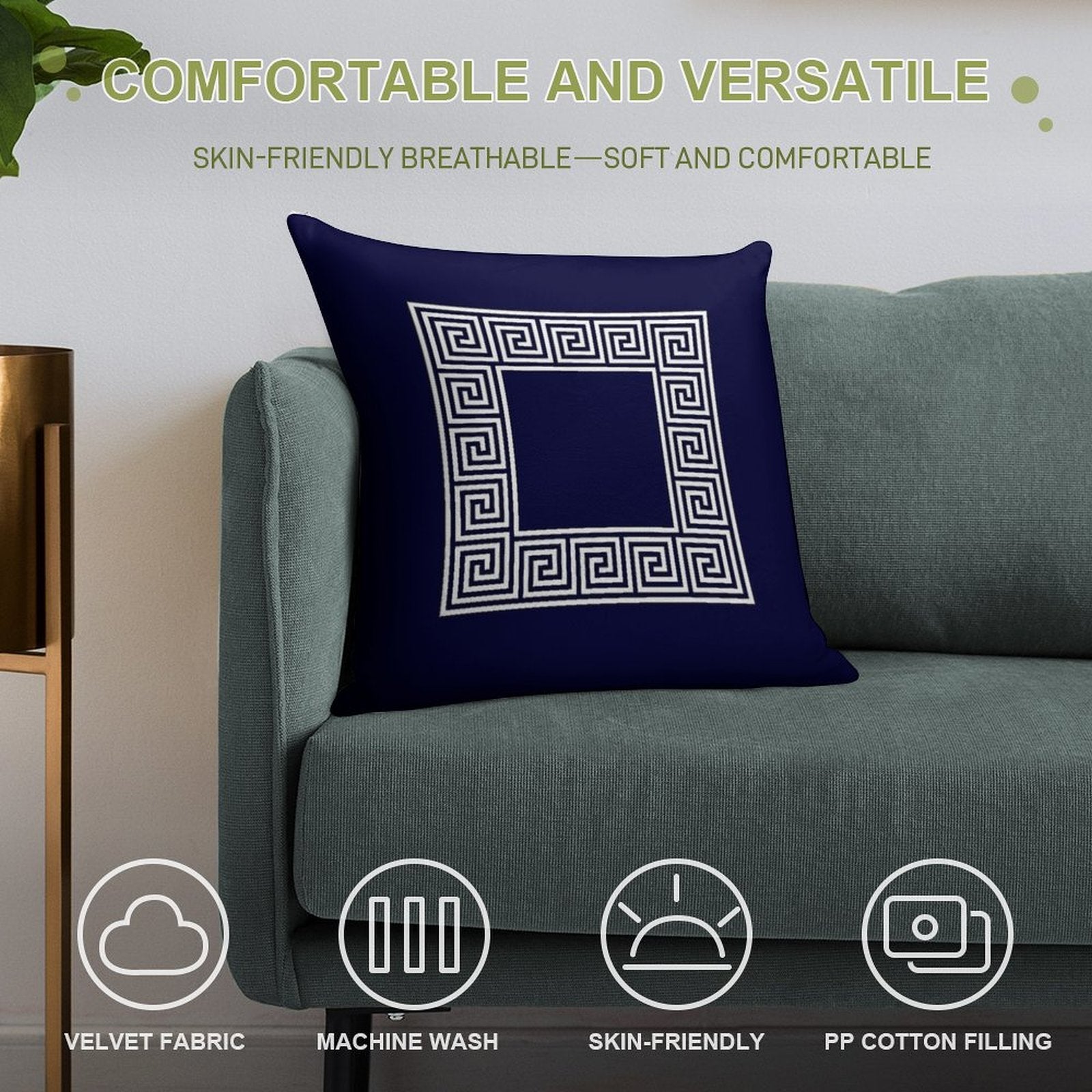 Navy Blue Greek Key Meander Square Soft Luxury Feel Throw Pillow