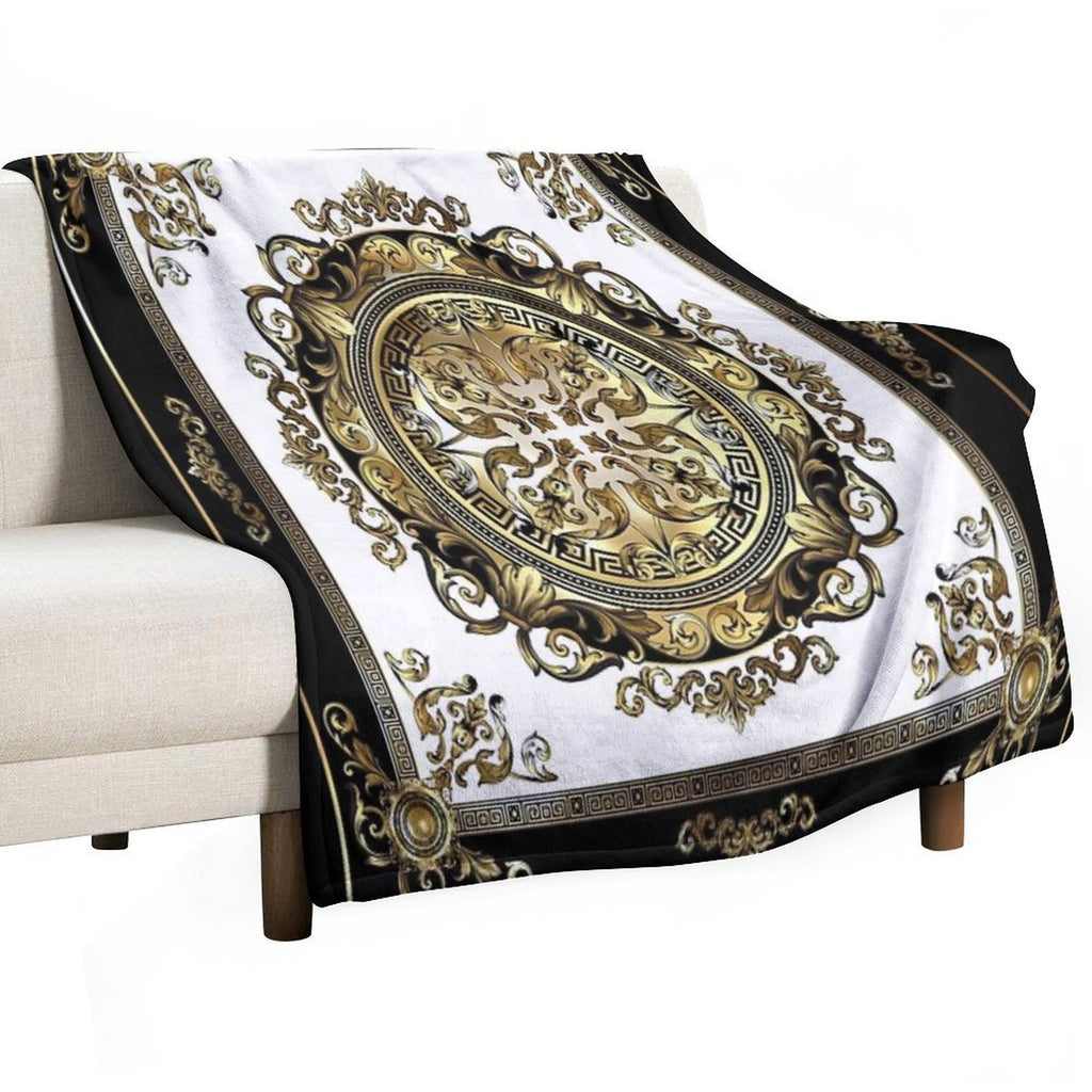 Ornate Baroque White Gold Black Greek Key Meander Compact Throw Blanket