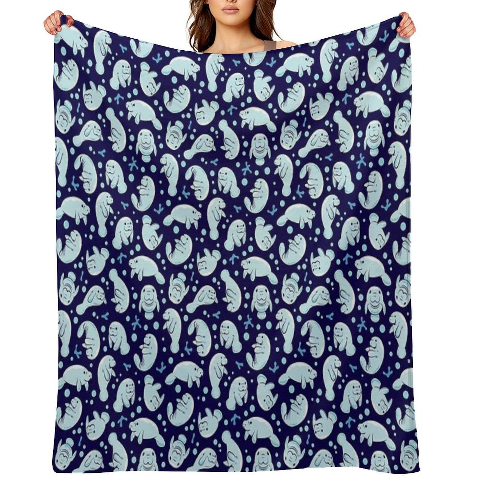 Cute Manatee Pattern - Blue Underwater Pattern Compact Throw Blanket