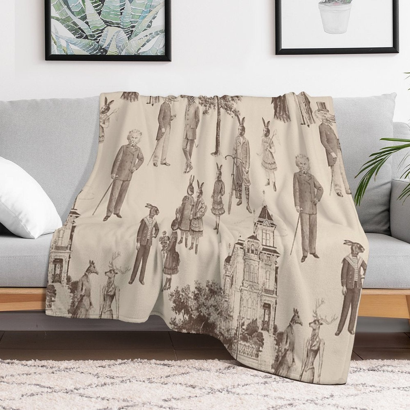 Antique Victorian Animals Brown Beige Toile Travel-friendly Throw Blanket