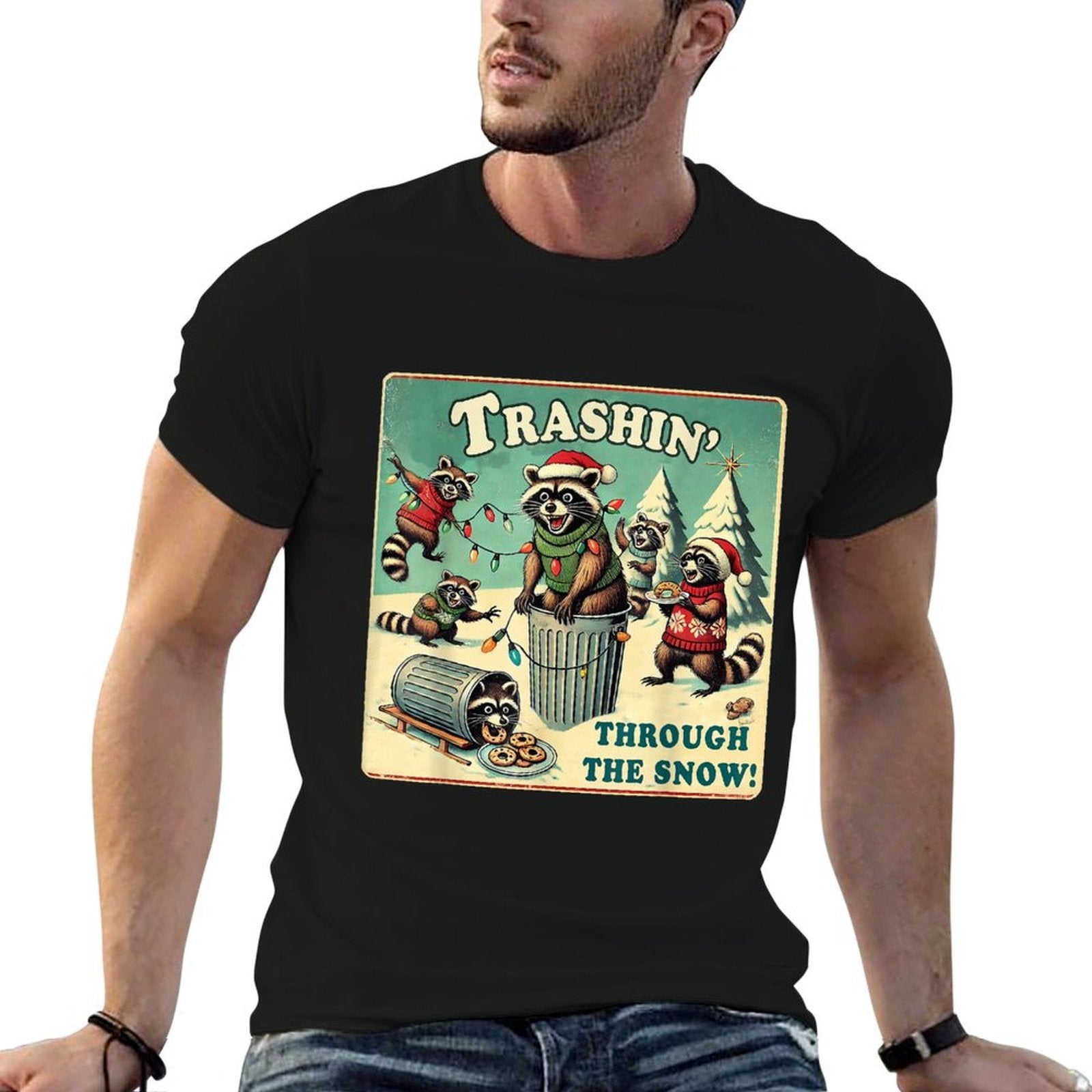 Festive Trash Pandas Collective Trashin Through The Snow Christmas Raccoon Funny Holiday  Vintage-inspired T-Shirt
