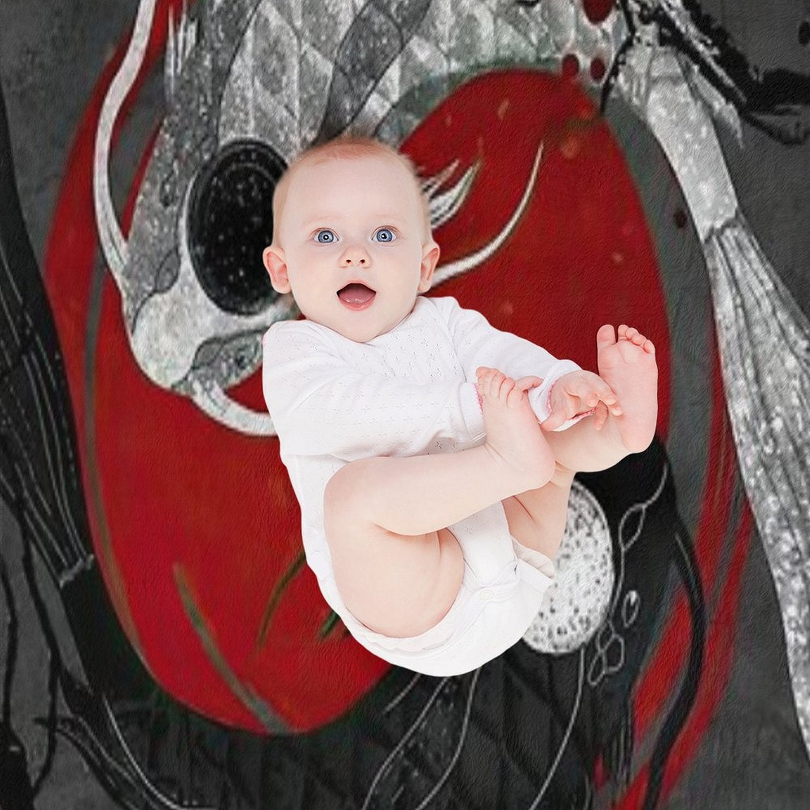 Japanese Ying Yang Koi Fish And Sakura Red & Gray Premium Throw Blanket