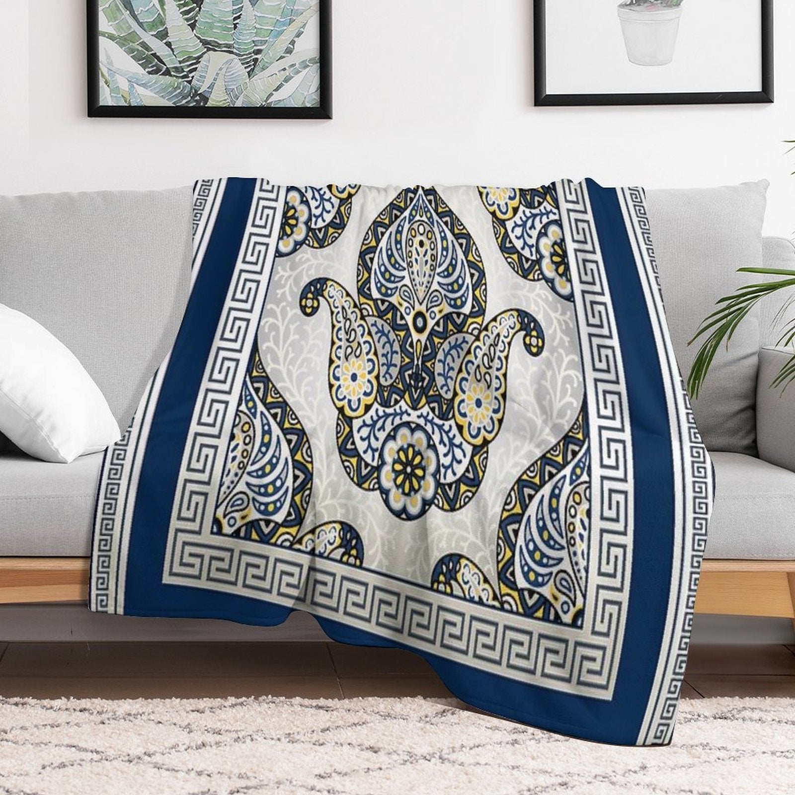 Greek Keys Blue Cream Yellow Intricate Design Plush Throw Blanket