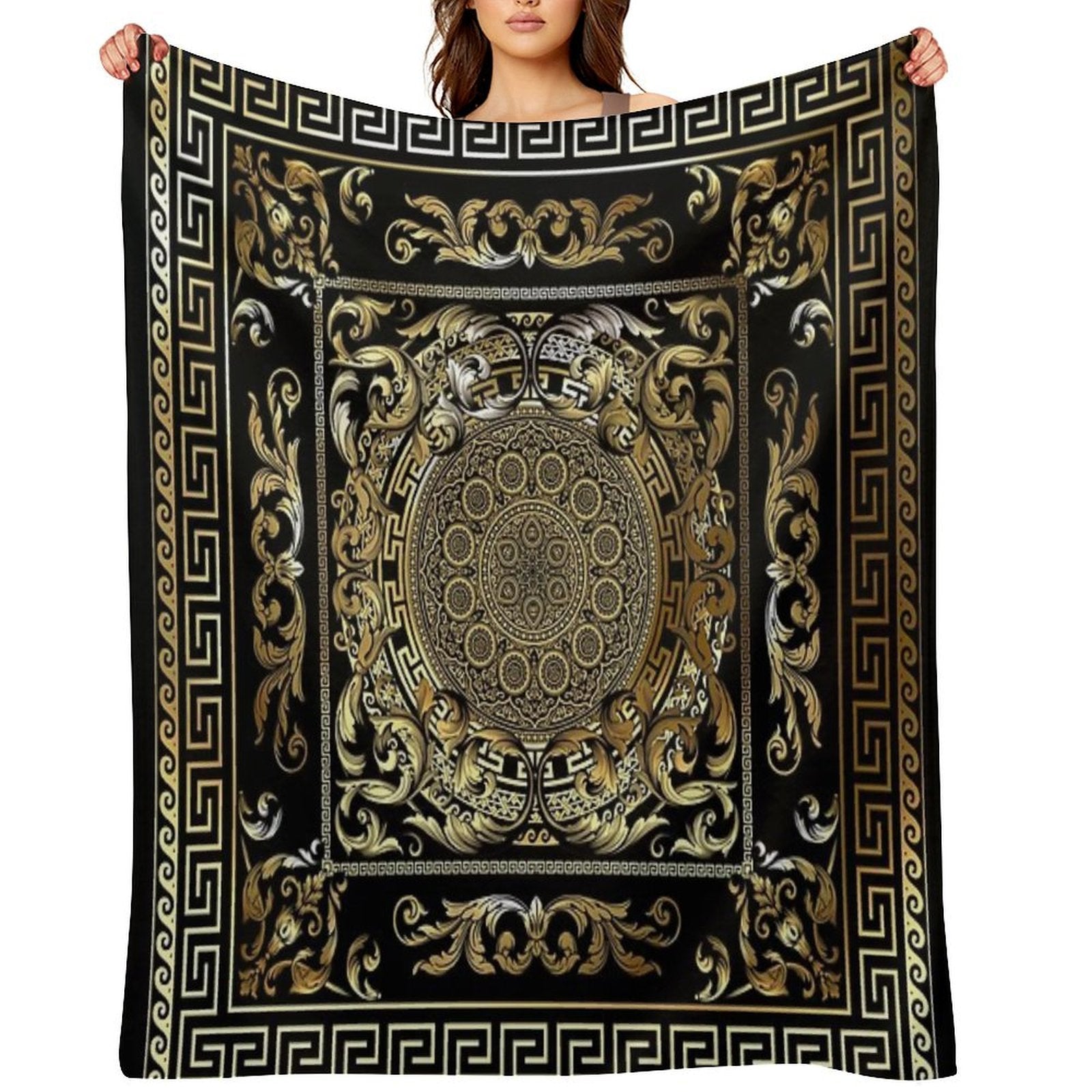 Gold Ornate Baroque Gold Black Greek Meander Machine-washable Throw Blanket