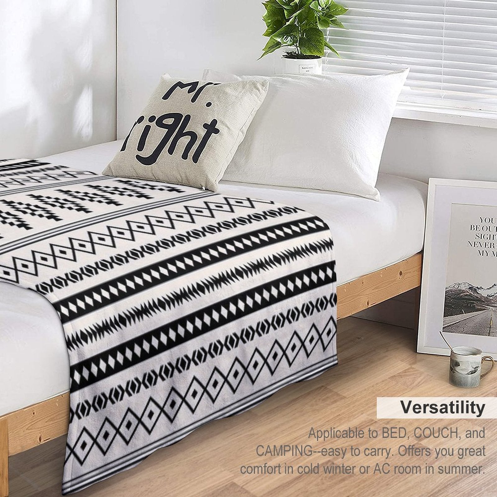 Aztec Black on Cream Mixed Motifs Pattern Velvety-soft Throw Blanket