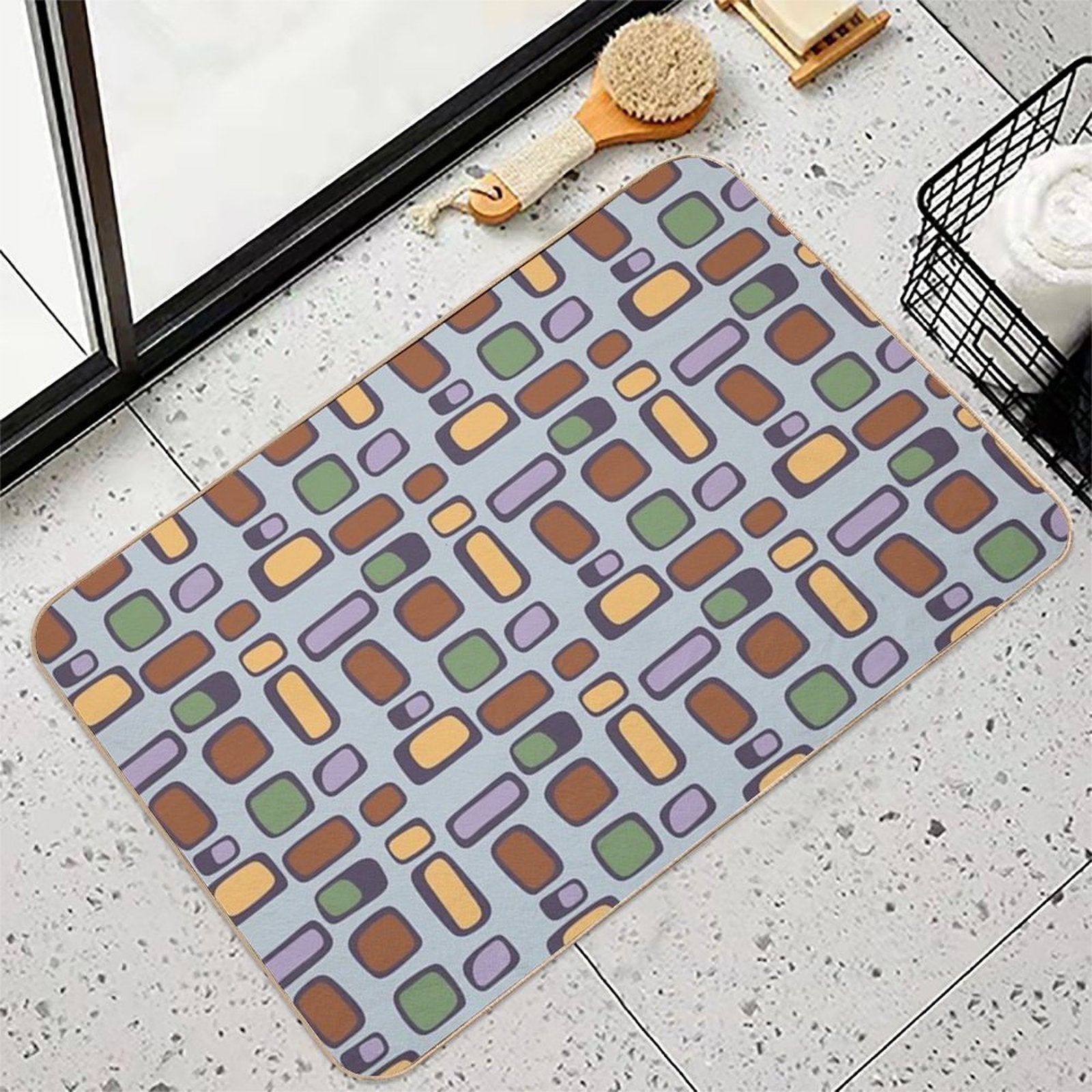 Colorful Retro Mid Century Aesthetic Squares Geometric Pattern Gray Blue & Brown  High-Traffic Bath Mat