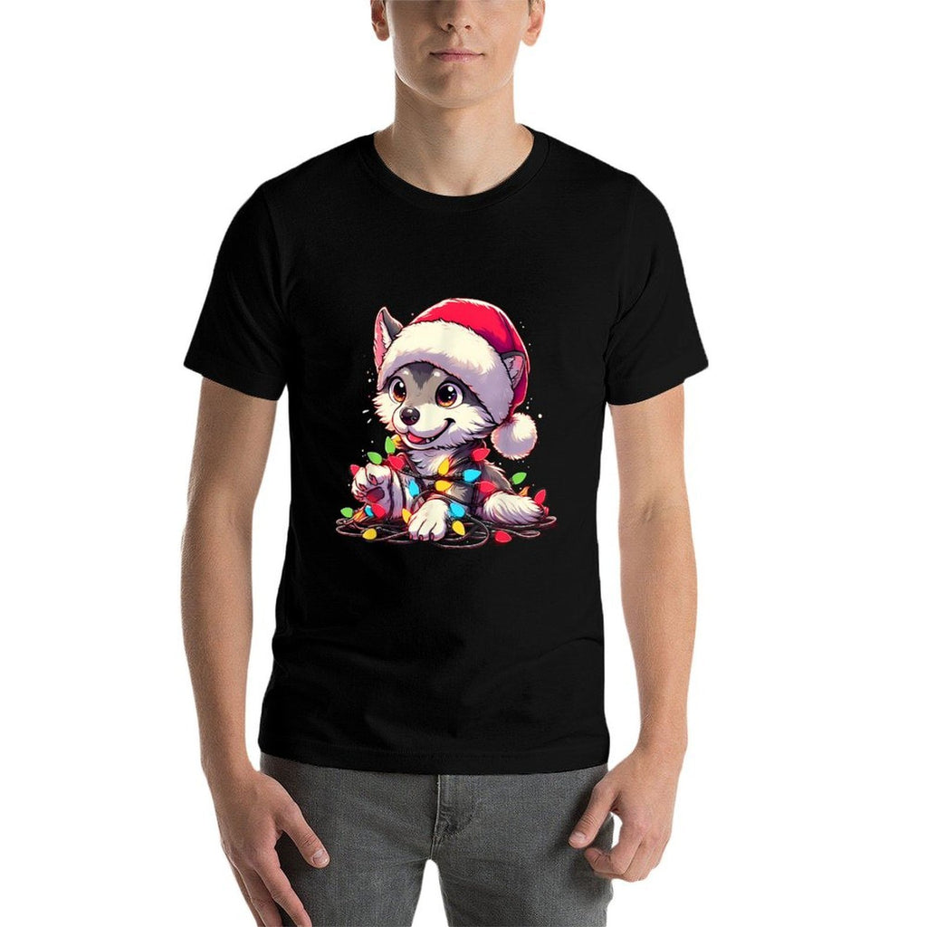 Merry Wolfmas Christmas Lights Cute Wolf Santa Hat  Easy-care T-Shirt