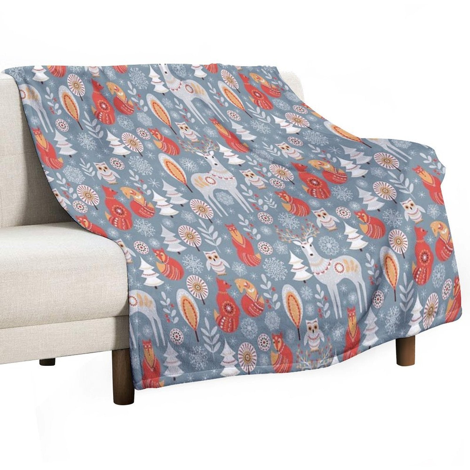 Seamless Pattern with Winter Forest, Deer, Owl And Fox. The Scandinavian Style. Gift-ready Throw Blanket