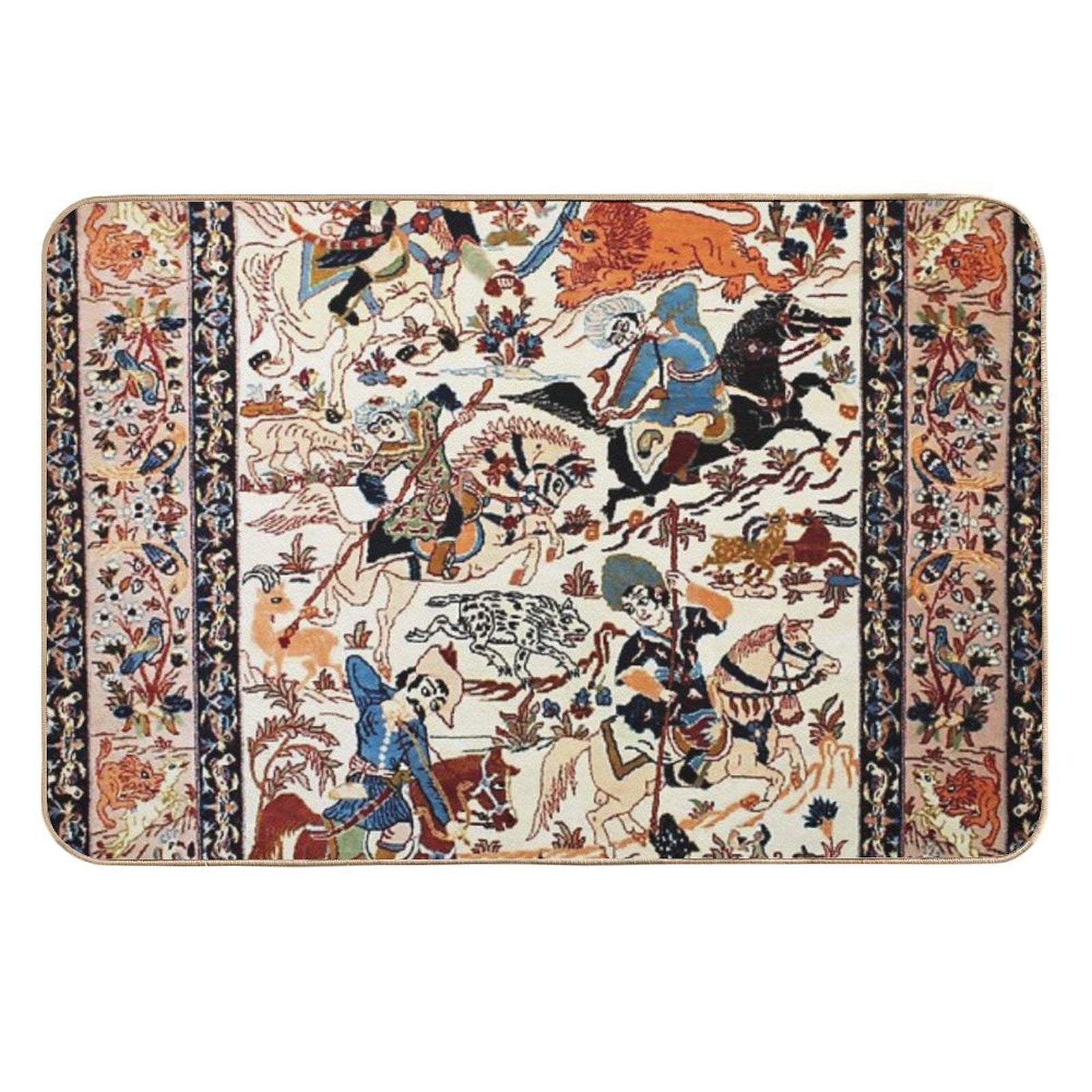 Blue Antique Persian Isfahan Silk Rug with Flowers Animals Print  Multi-Purpose Bath Mat