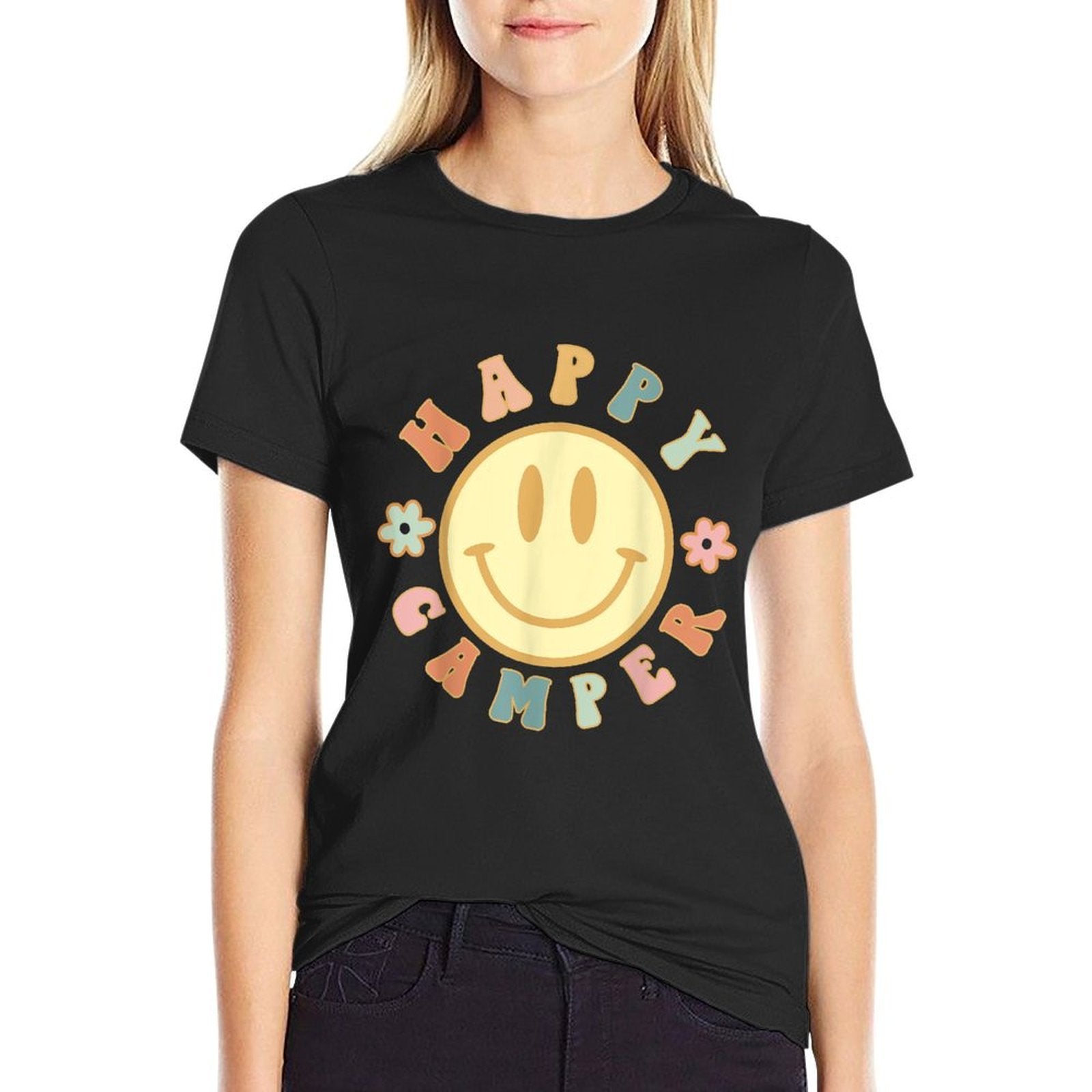 Smiling Face Groovy Retro Floral Happy Camper Camping Lover  Rolled Sleeves T-Shirt