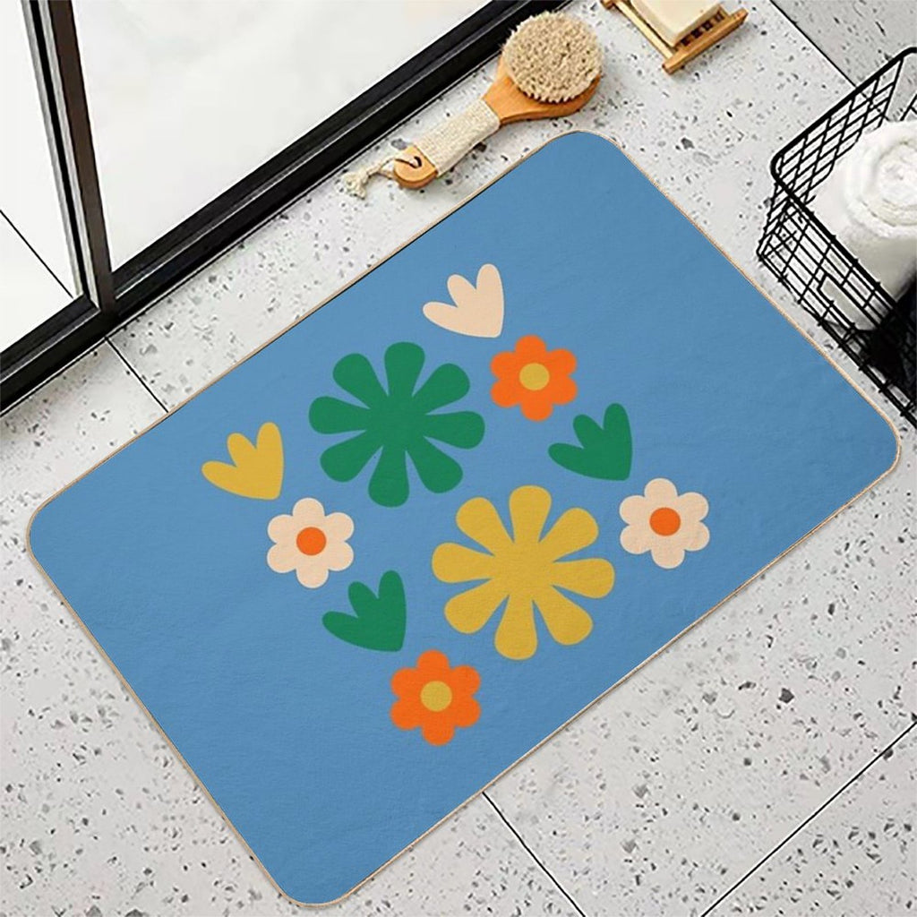 Retro Modern Scandi Flower Grid Pattern Blue Green Mustard Orange Beige  Pet-Safe Bath Mat