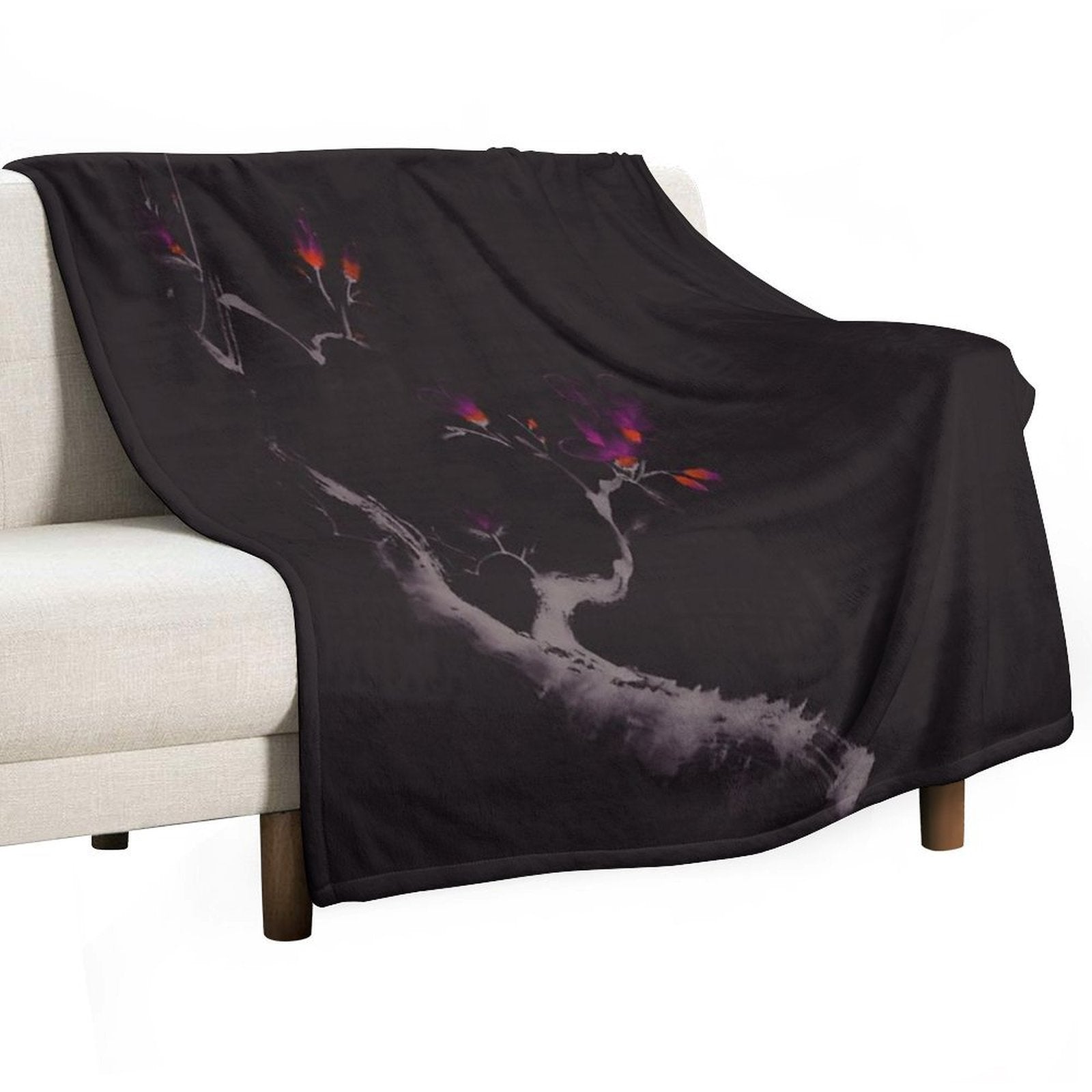 Enchanting Oriental Artwork of A Budding Sakura Branch with Deep Violet Flowers Art Print Travel-friendly Throw Blanket