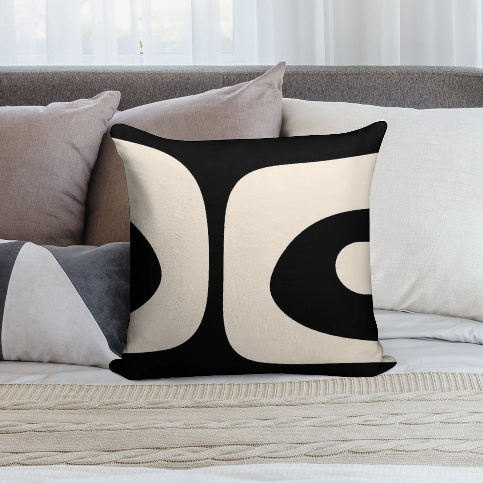 Retro Piquet Mid Century Modern Abstract Pattern 2 in Black And Almond Cream Soft Luxury Feel Throw Pillow