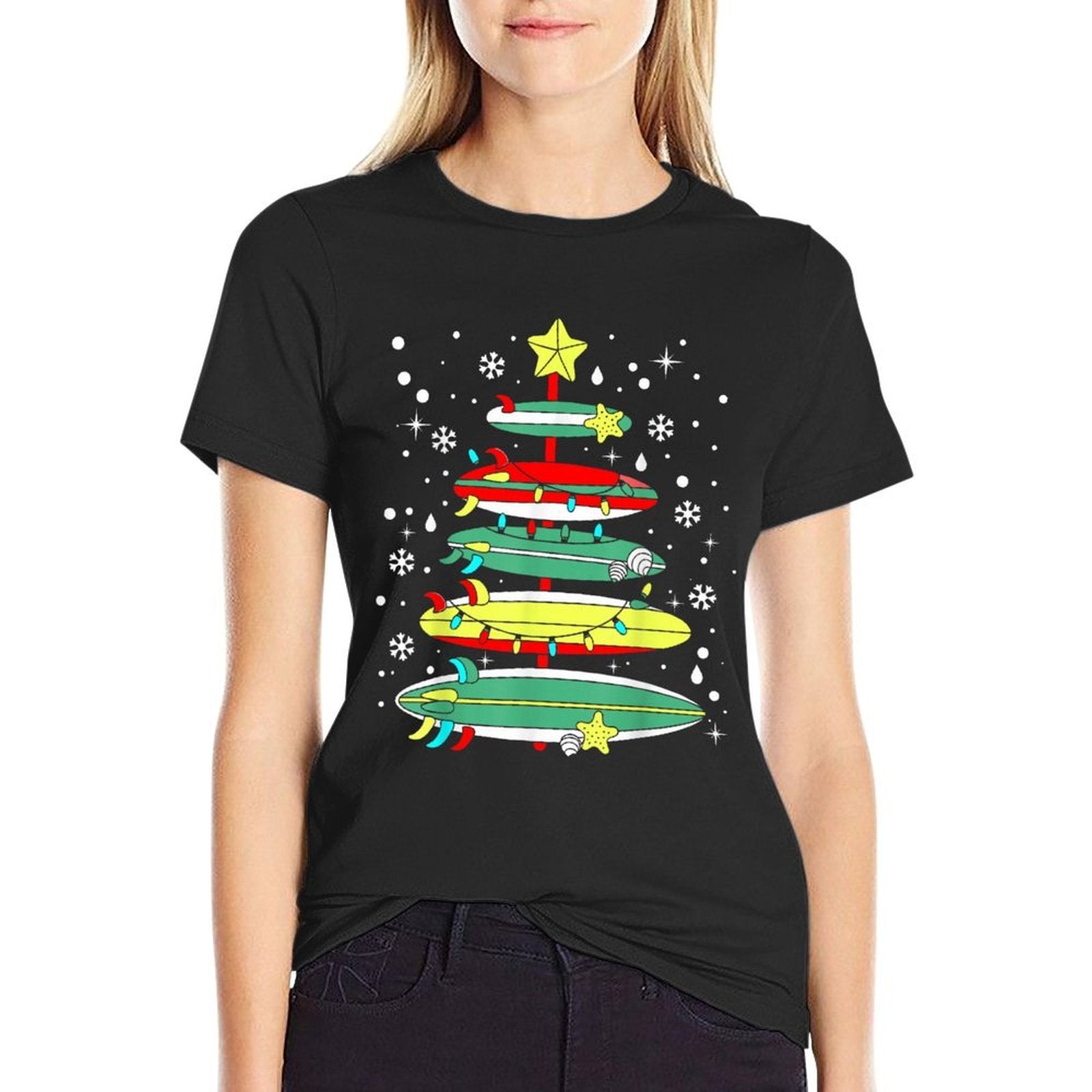 Surf Funny Surfboard Xmas Lights Surfing Christmas Tree  Easy-care T-Shirt