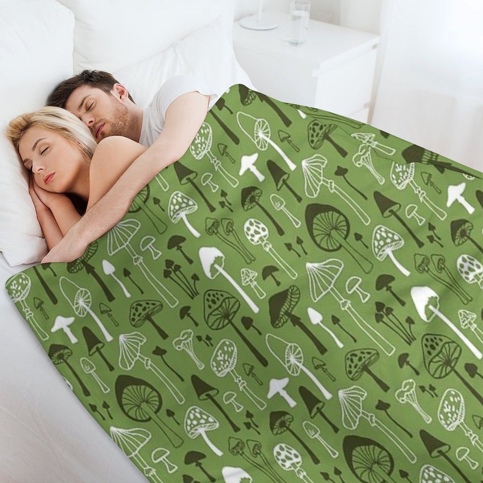 Mushrooms in Green Lightweight Throw Blanket