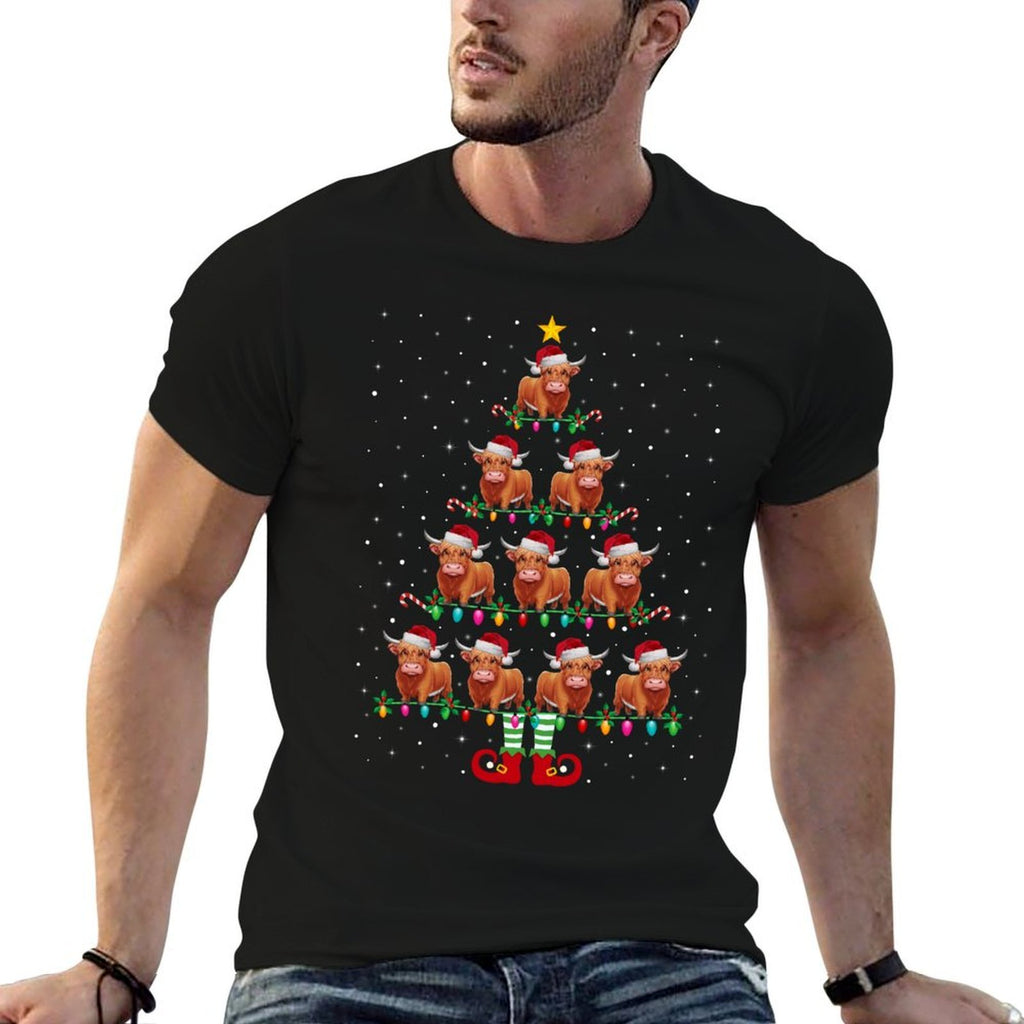 Christmas Tree Lights Santa Hat ELF Highland Cow Xmas Tree  Wrinkle-resistant T-Shirt