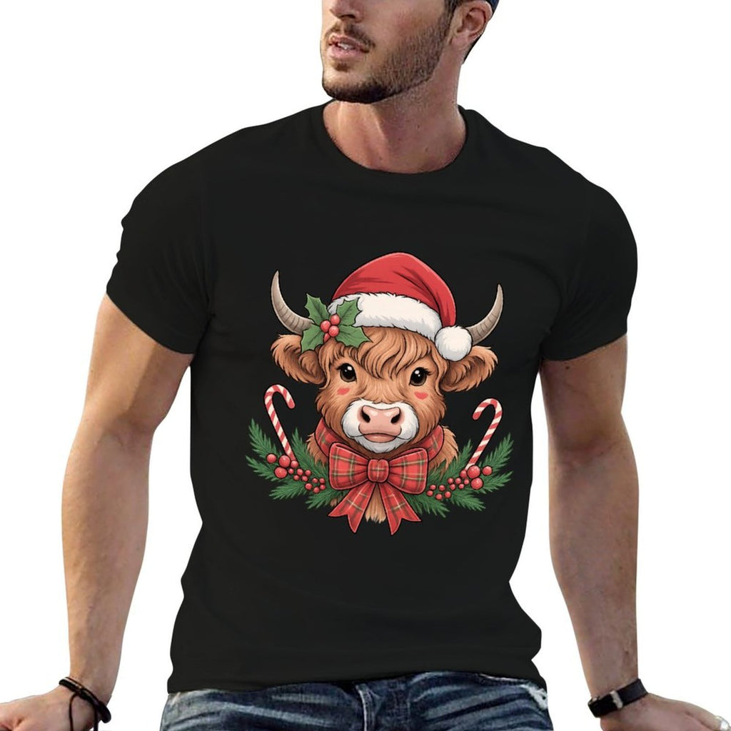 Cute Christmas Highland Cow Mooey Xmas Heifer Santa Hat  Durable T-Shirt