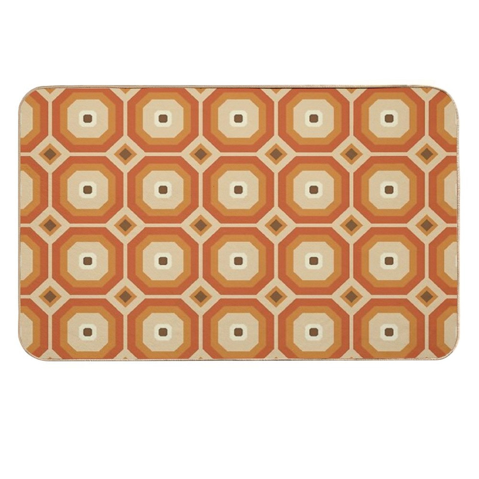Brown, Orange And Ivory Geometric Retro Octagon Pattern  Easy To Clean Bath Mat