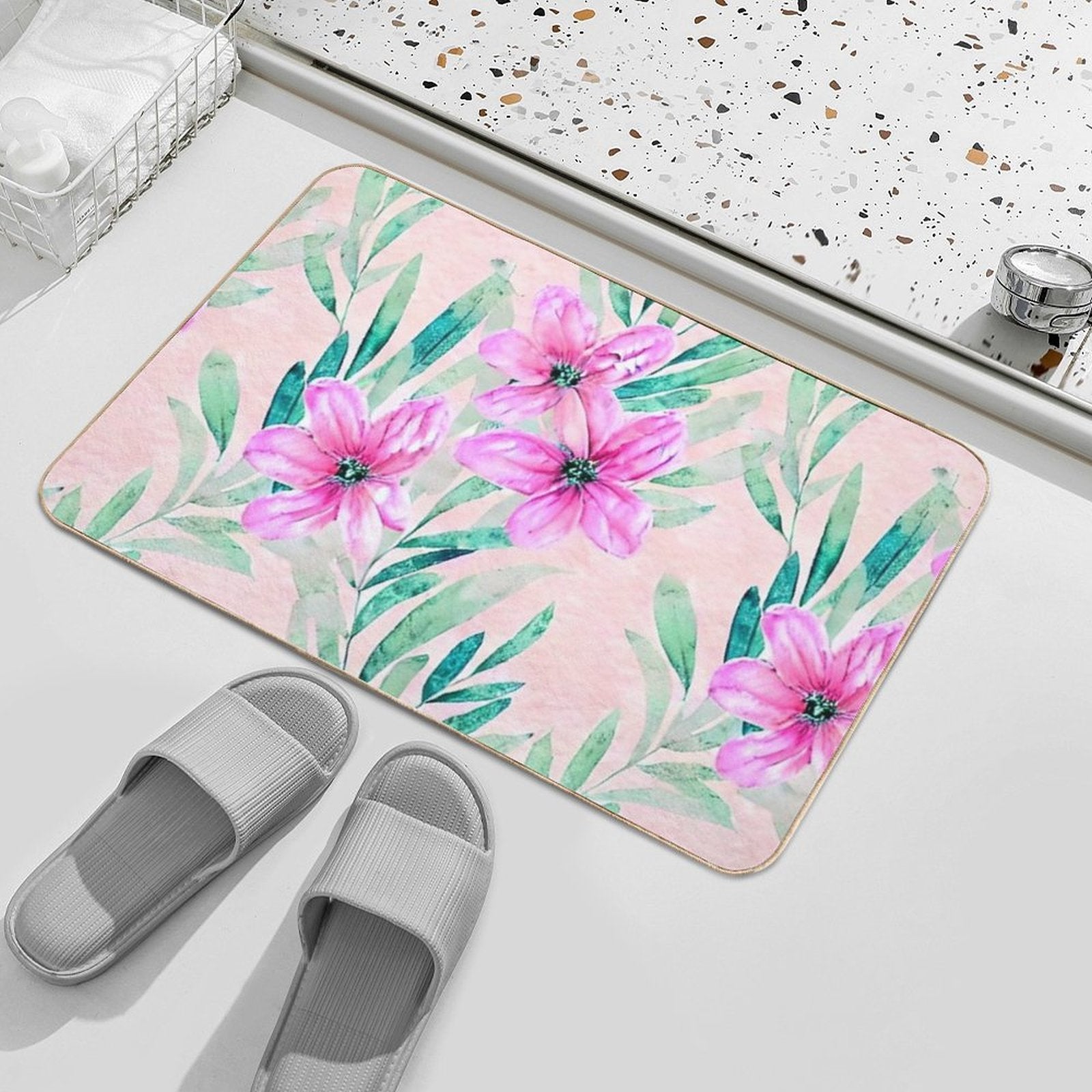 Soft Watercolour Flowers with Foliage  Non-Slip Bath Mat