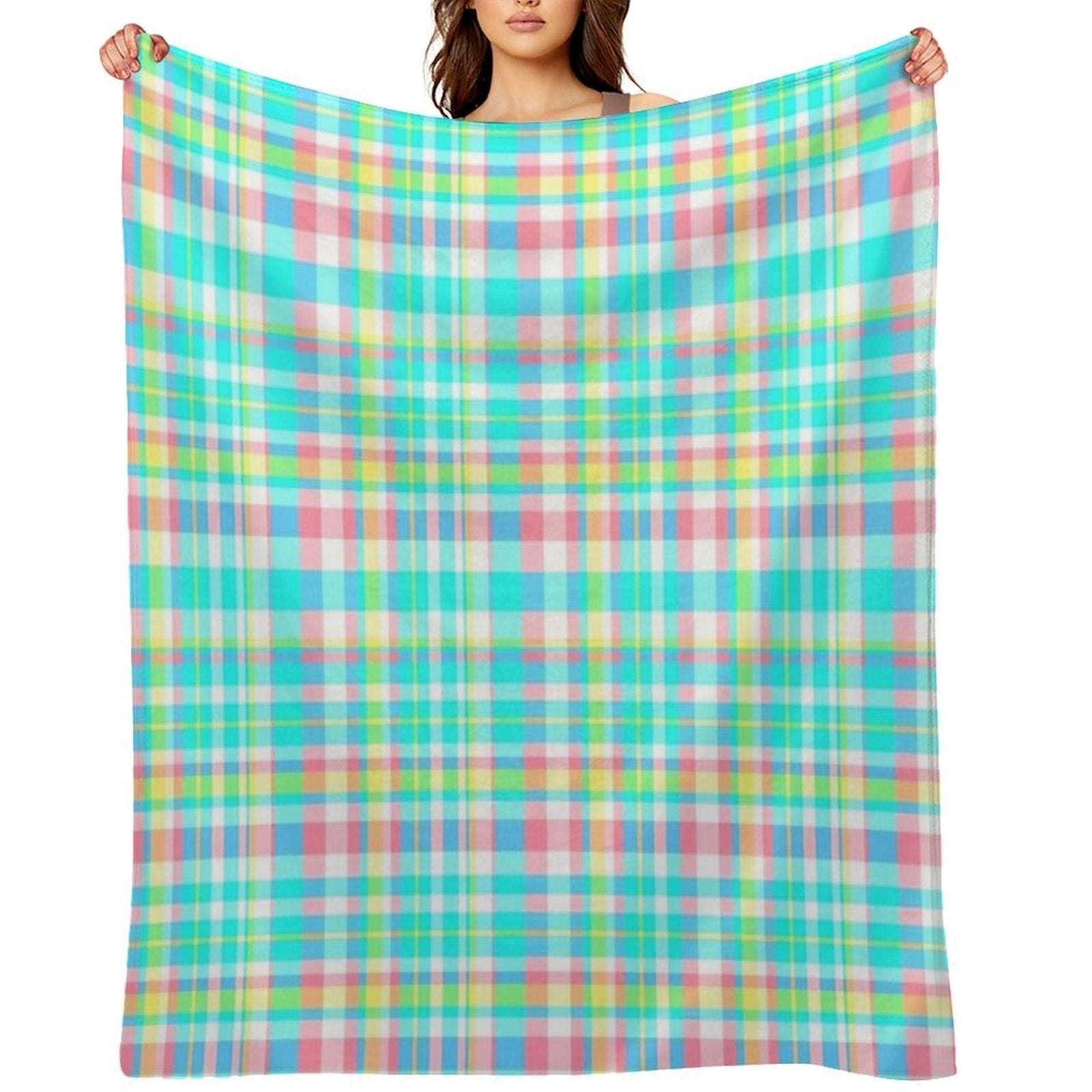 Pastel Aqua Blue Pink Yellow Plaid Spring Preppy Travel-friendly Throw Blanket