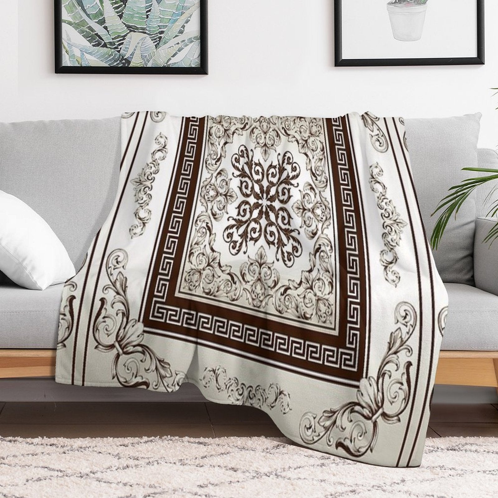 Baroque Filigree Cream And Brown Greek Meander Comfort Throw Blanket