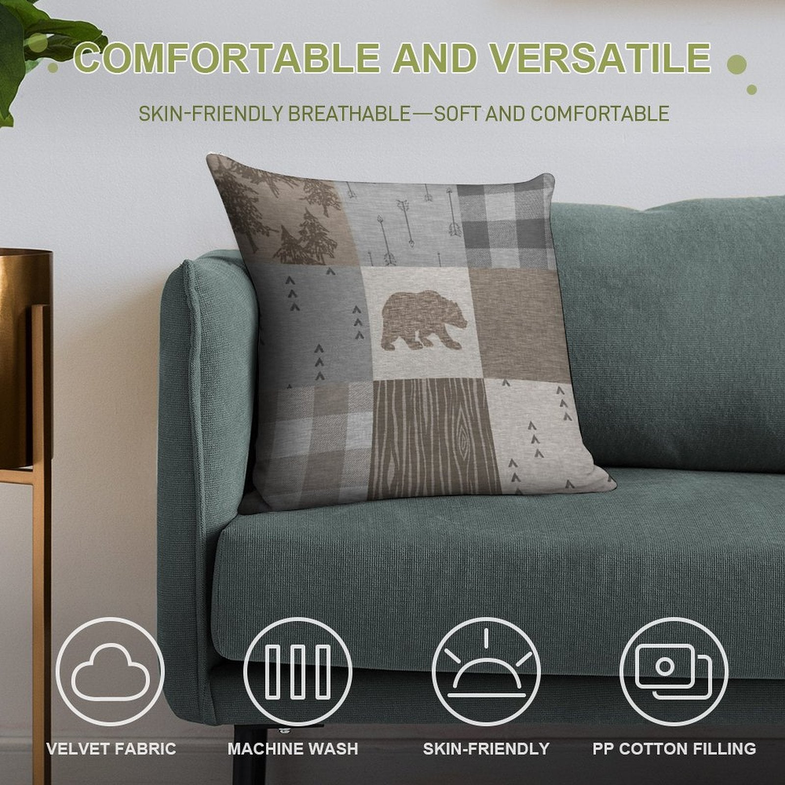 Bear Patchwork - Rustic Neutrals Soft High-Density Material Throw Pillow