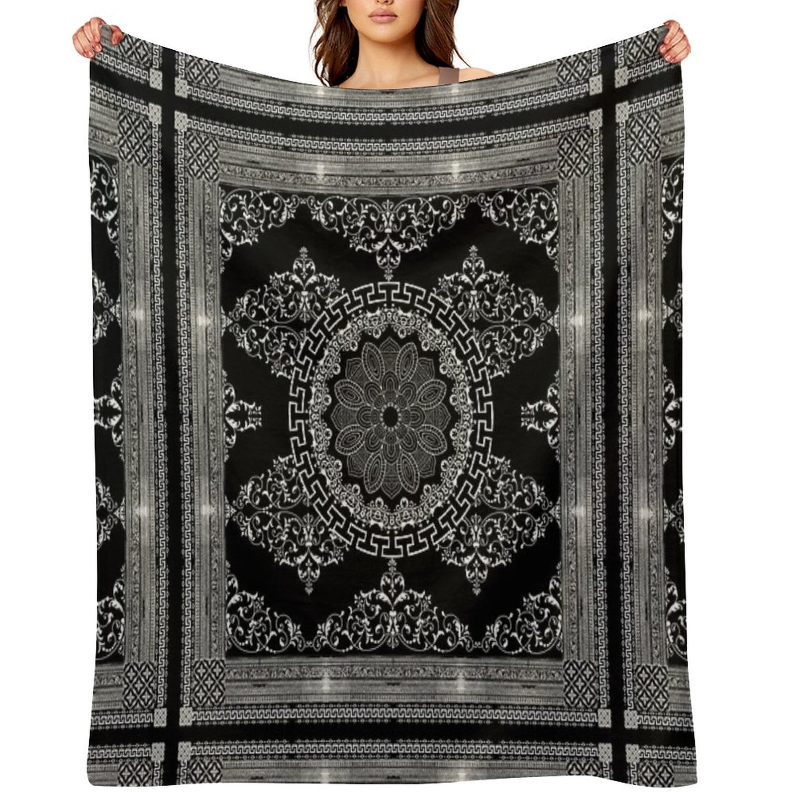 Ornate Baroque White Black Intricate Greek Key Border Versatility Throw Blanket