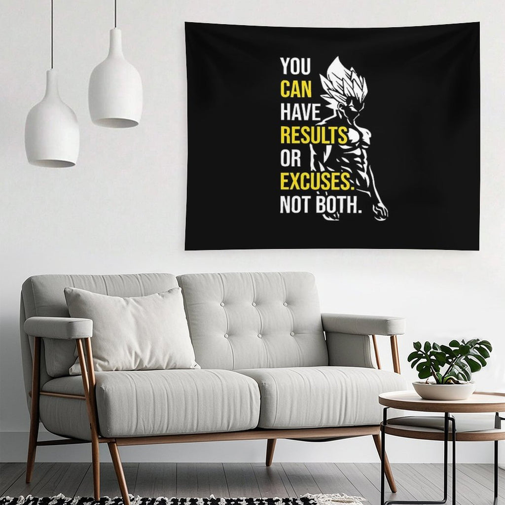 Results Vs Excuses - Vegeta Gym Motivational Tapestry