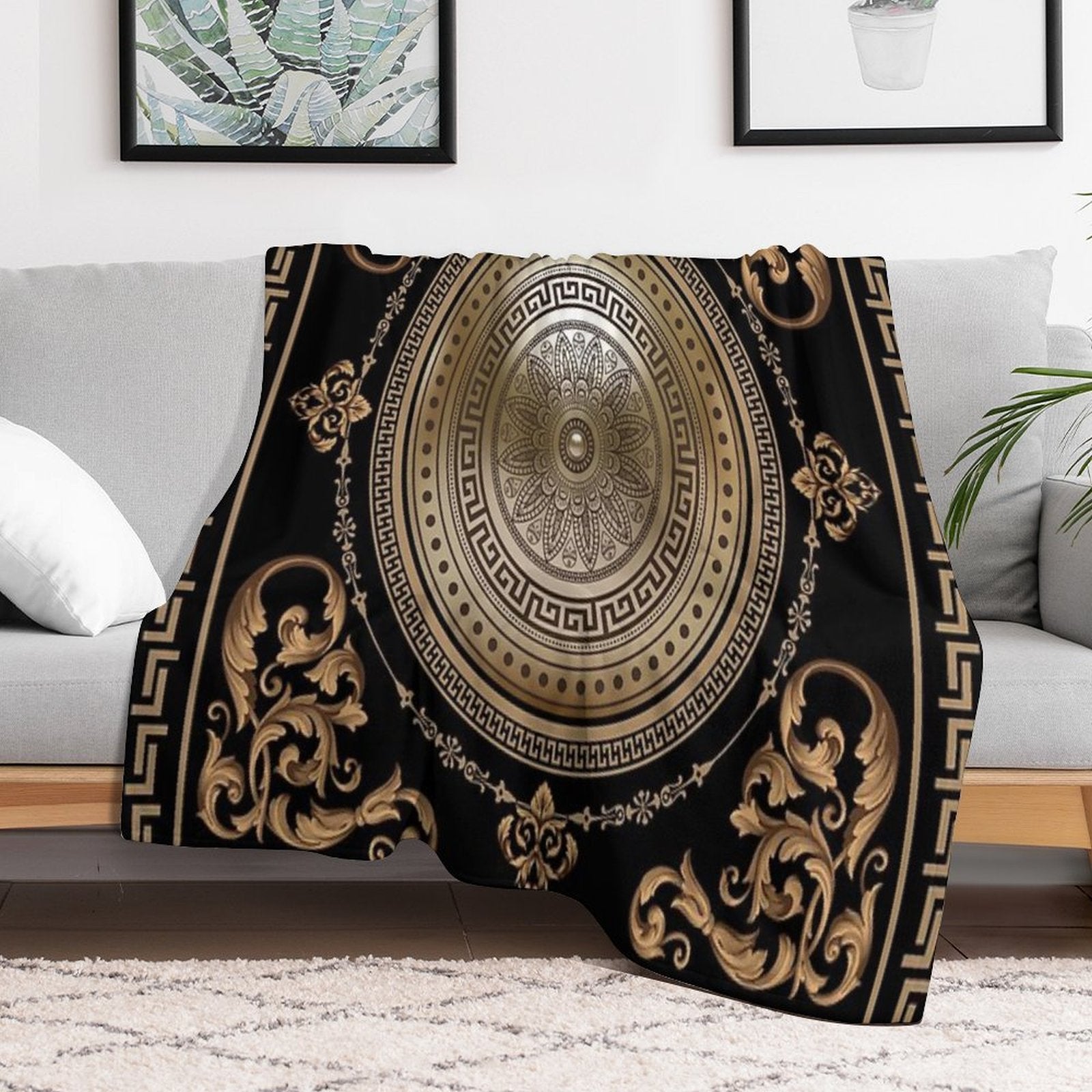 Baroque Black & Bronze Medallion Greek Meander Wrinkle-free Throw Blanket