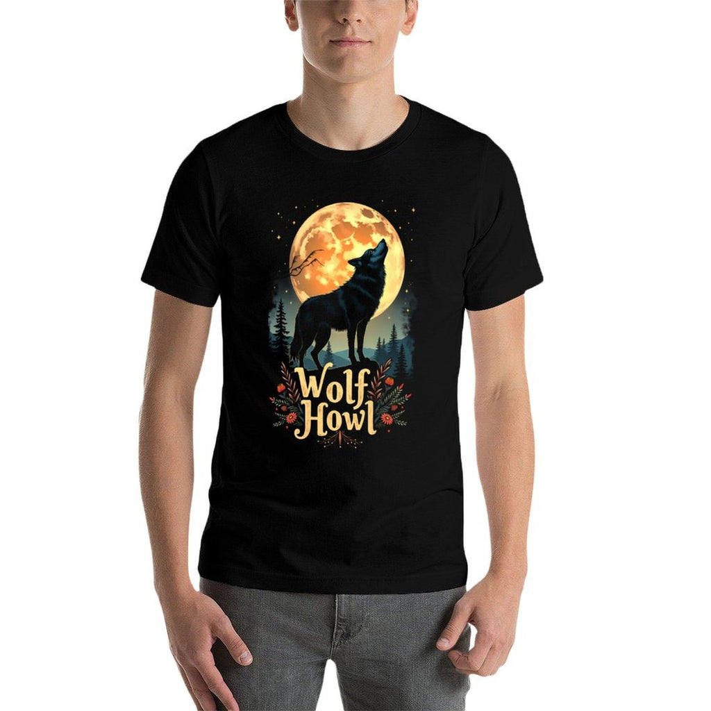 Wolf Howl Moon Graphic - Forest Animals Men’s Women’s  Ribbed Collar T-Shirt