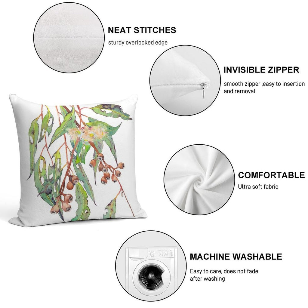 Watercolour Eucalyptus Tree Branch with White Flowers & Gumnuts. Soft Style Accent Throw Pillow