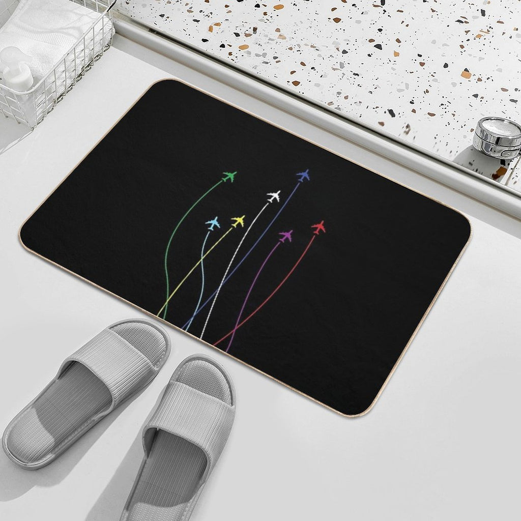 Rainbow Airplanes Flying on Eachother  Easy Maintenance Bath Mat