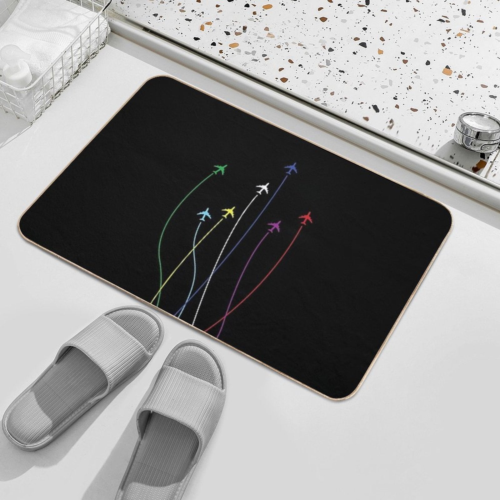 Rainbow Airplanes Flying on Eachother  Easy Maintenance Bath Mat