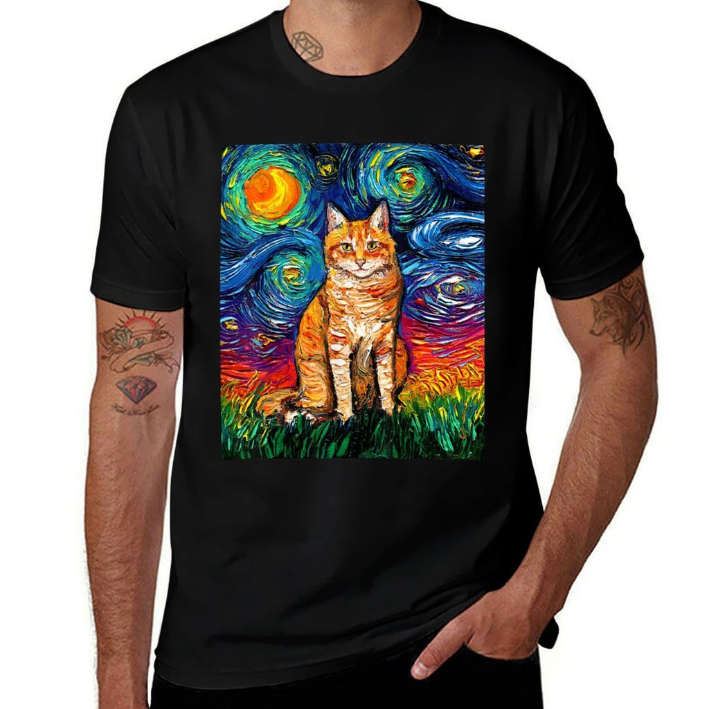 Orange Tabby Tiger Cat Starry Night Colorful Art by Aja  Lightweight T-Shirt