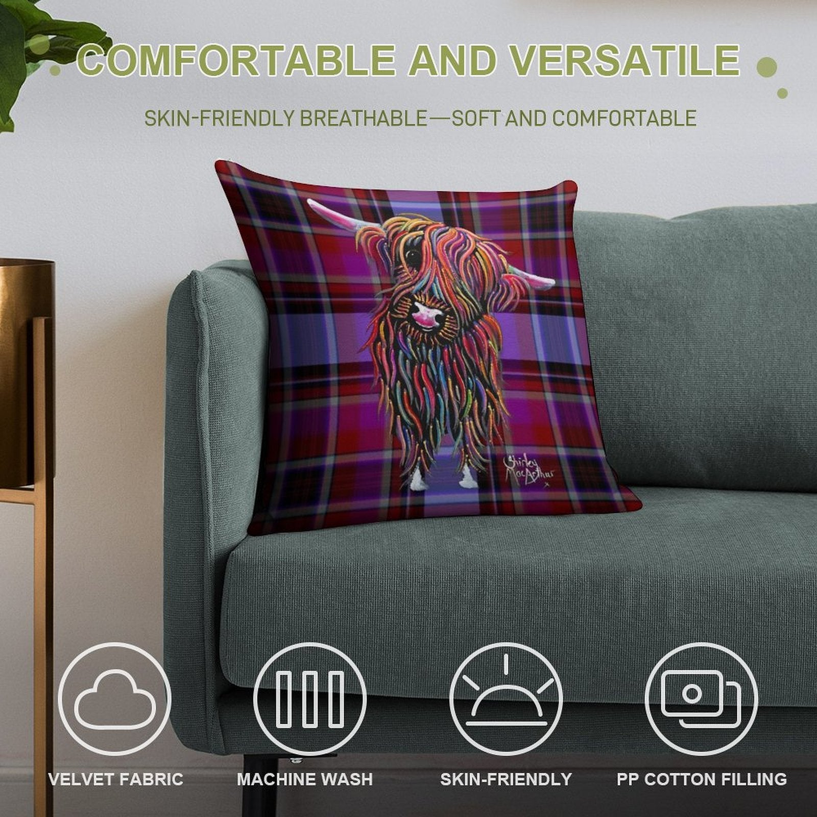 SCoTTiSH HiGHLaND CoW ' TaRTaN BoLLY P ' BY SHiRLeY MacARTHuR Soft Luxury Feel Throw Pillow