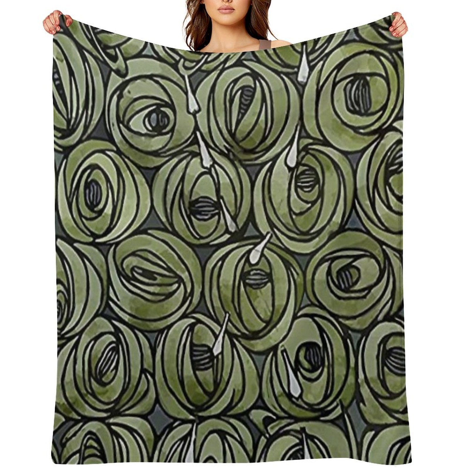 Charles Rennie Mackintosh - Roses  Teardrops, Olive Green Plush Throw Blanket