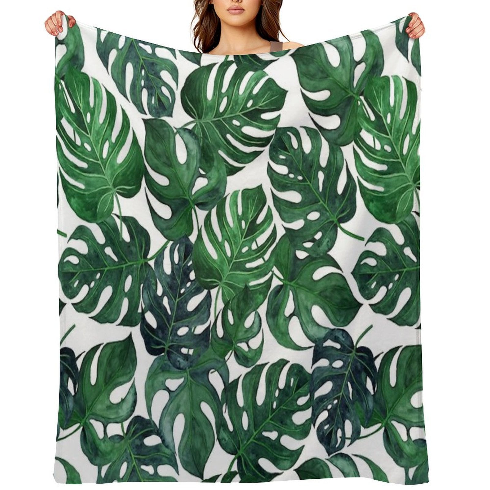 Tropical Monstera Leaves - Dark Emerald Green Machine-washable Throw Blanket