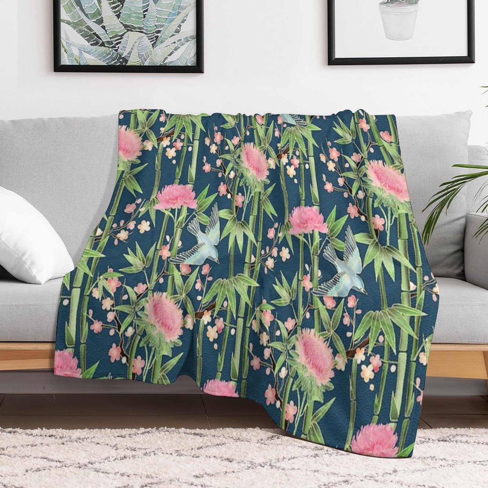 Bamboo, Birds And Blossom - Dark Teal Durable Throw Blanket